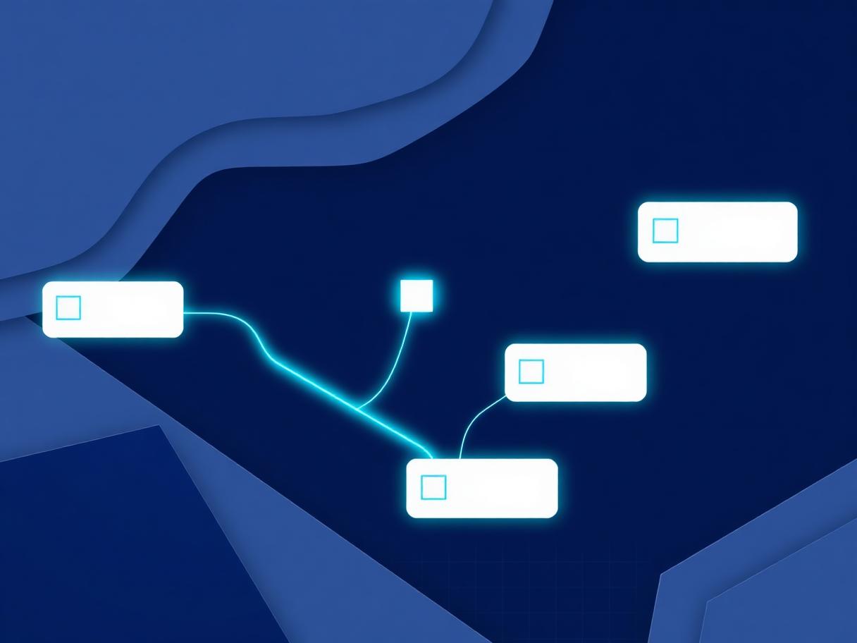 Abstract navy and teal illustration of form field blocks linked by a glowing conditional logic path